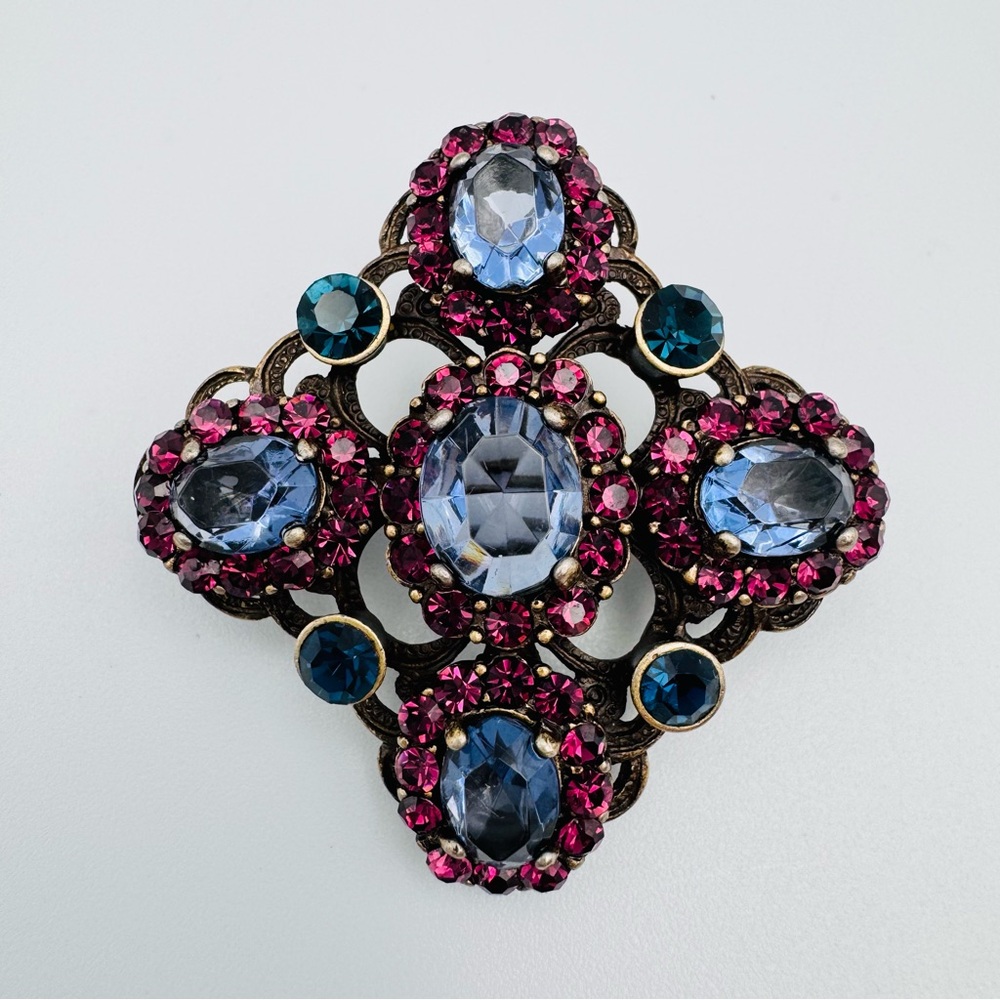 Vtg Rhinestone Brooch 1960s Pink Aqua Blue Sapphire Blue Small With A Statement